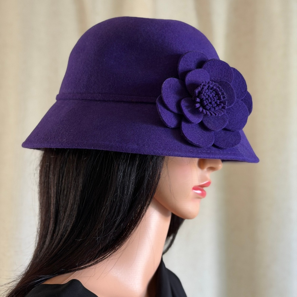 Purple 100% Wool Cloche Hat Large Side Flower Accent Flapper Gatsby 1920s Style - Picture 3 of 7